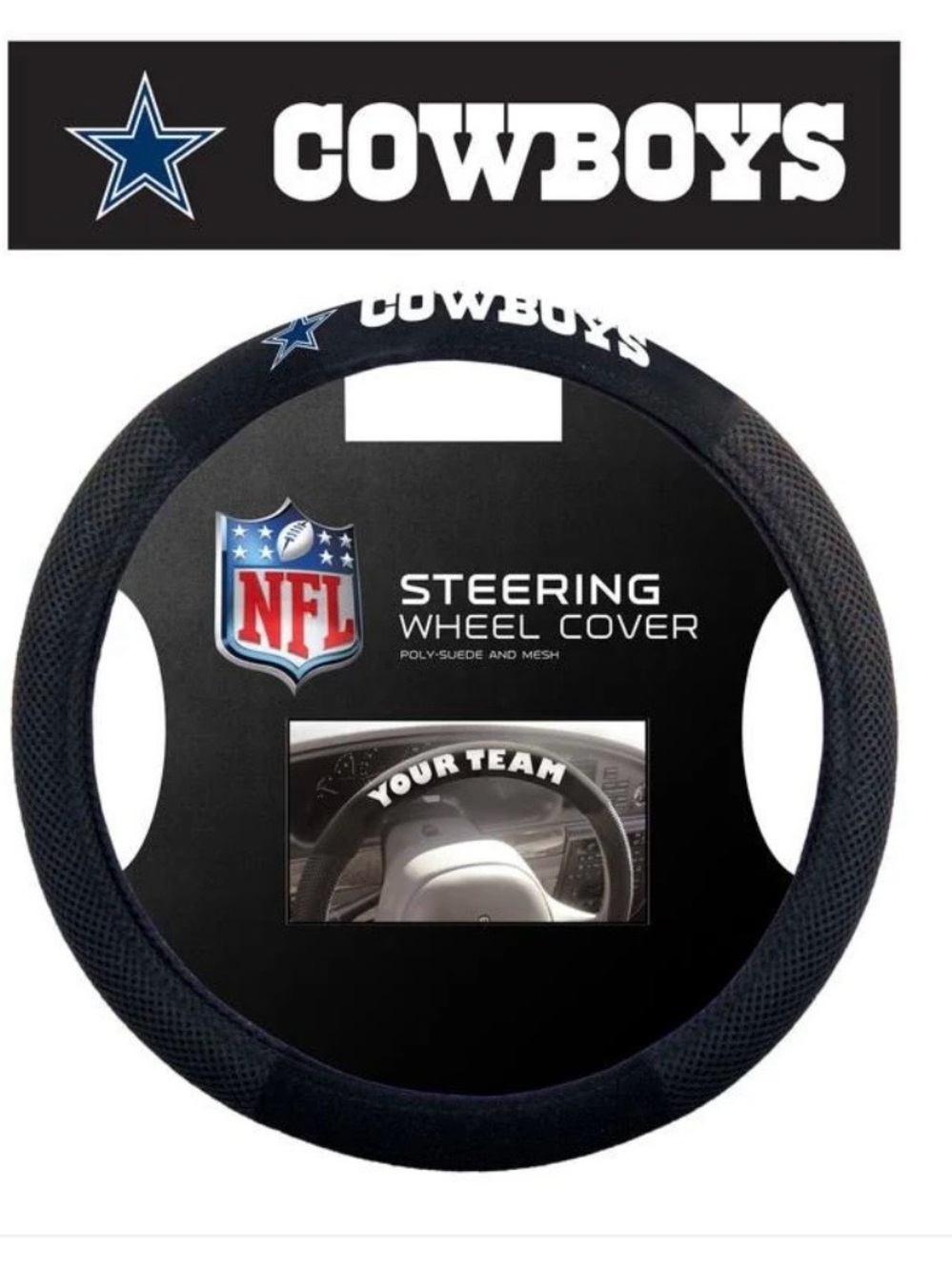 NFL Cowboys Black Steering Wheel Cover with Navy Accents
